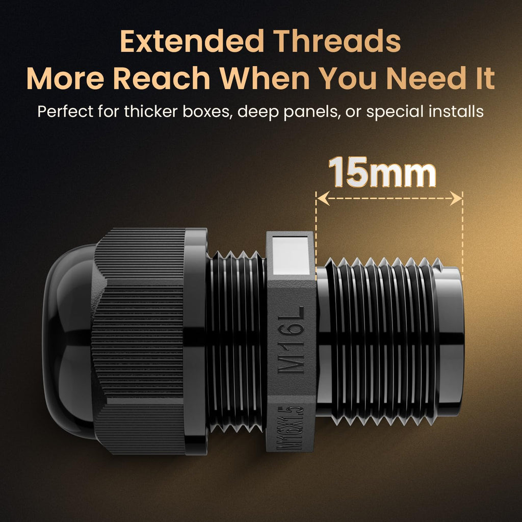 QILIPSU 50pcs M16L Long Thread Cable Gland Waterproof IP68 Nylon Strain Relief Cord Grip Cable Pass Through Wire Connector