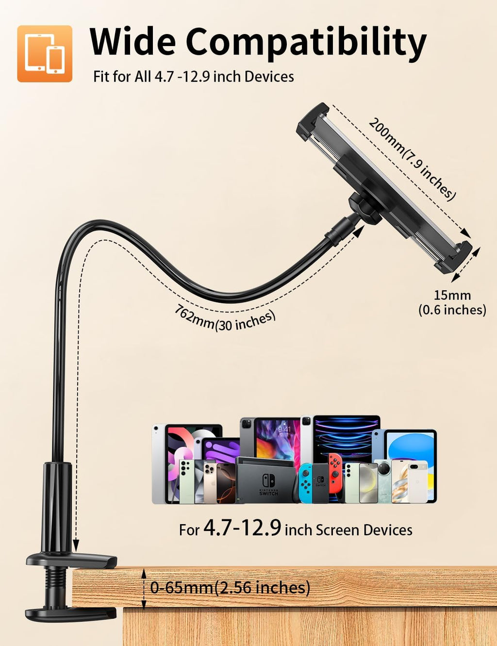 Tablet Stand, Kindle Holder for Reading in Bed, [Flexible Long Arm Gooseneck] [Anti-Slip] [Hands Free]Phone Holder for Bed Desk, i pad Stand for Fire/i pad/iPhone/Switch/Tablet Devices (4.7''-12.9'')