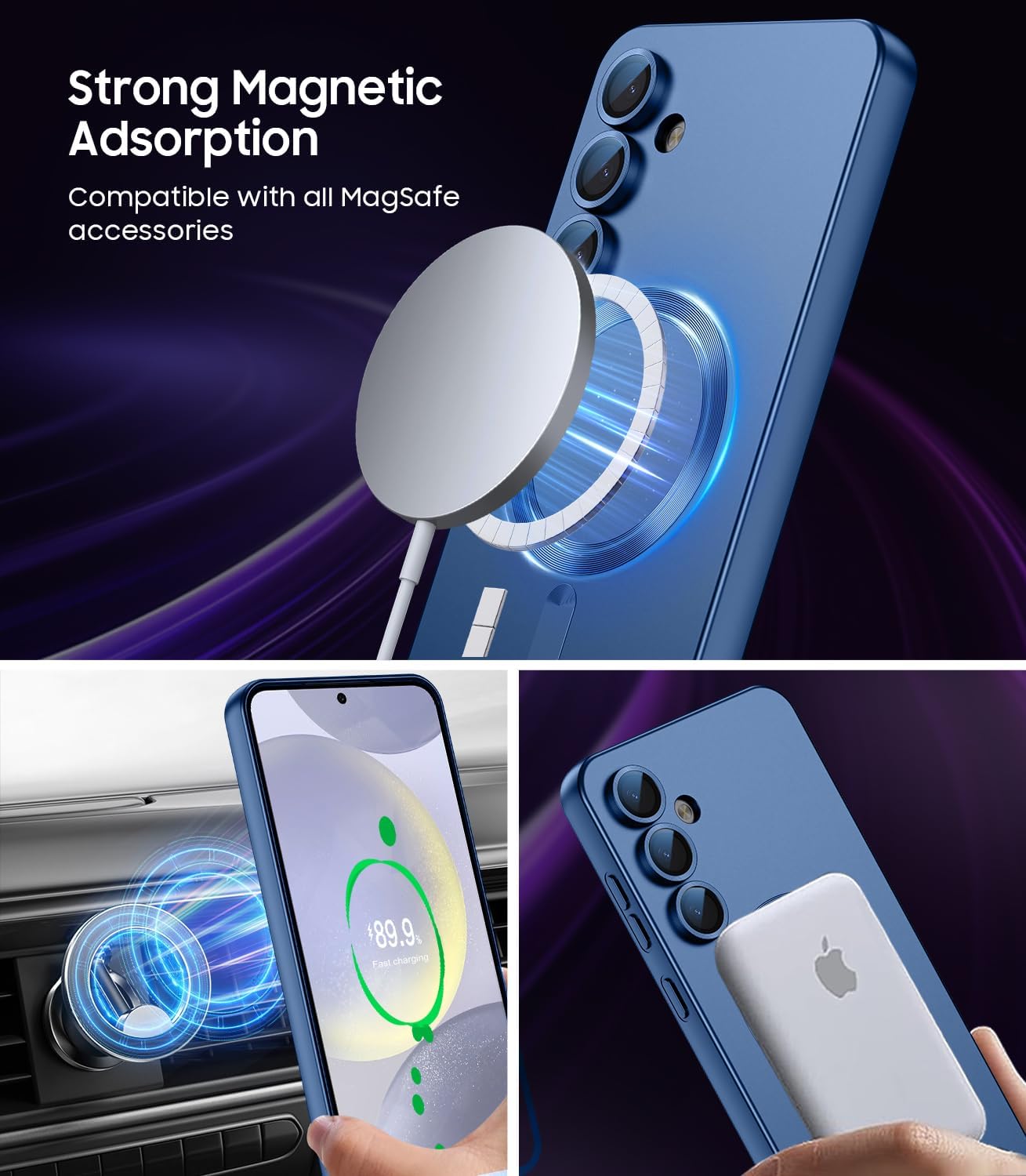 Magnetic for Samsung Galaxy S24 Case [Compatible with MagSafe][Built-in Camera Lens Protector] Slim Soft Silicone Bumper Shockproof Metallic Luster Phone Case (Blue)