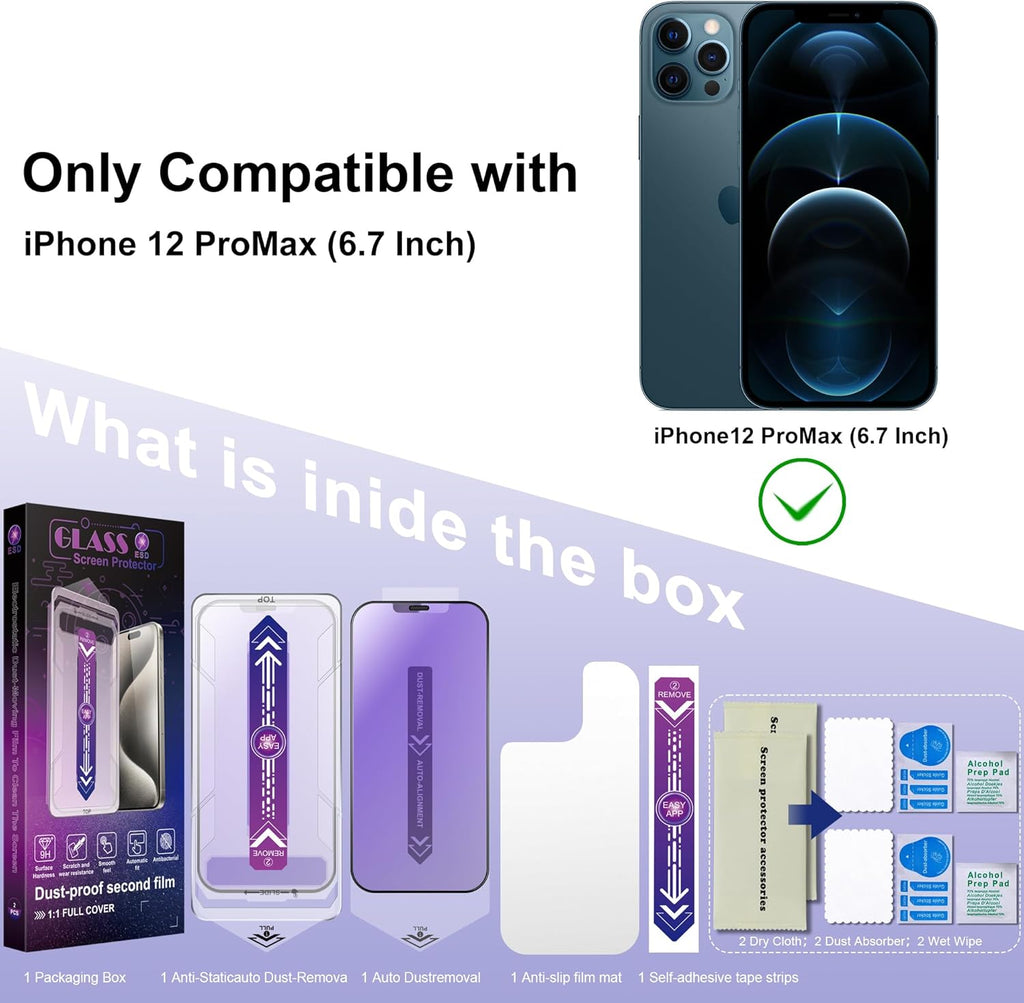 2 Pack Anti Blue Light Matte Screen Protector for iPhone 12 Pro Max 6.7-Inch Auto Dust Removal, No Bubbles, Tempered Glass Film, Easy Installation