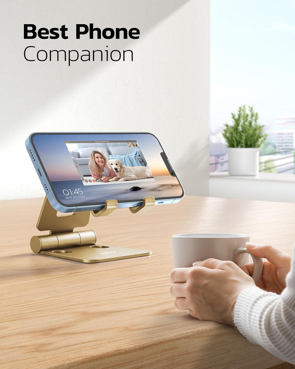 Nulaxy Dual Folding Cell Phone Stand, Fully Adjustable Foldable Desktop Phone Holder Cradle Dock Compatible with iPhone 17 16 15 14 13 12 11 Pro Xs Xs Max Xr X 8, Nintendo Switch, All Phones - Gold