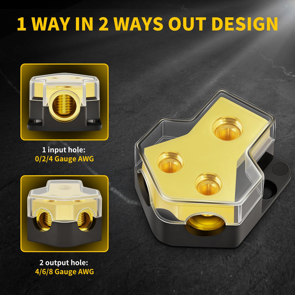 12V Power Distribution Block Car Audio 2 Way 0/2/4 Gauge in 4/6/8 Gauge Out, Quality Ground Distribution Block 12 Volt Amp Distribution Block Splitter for Automotive Car Marine Boat (2 Pack)