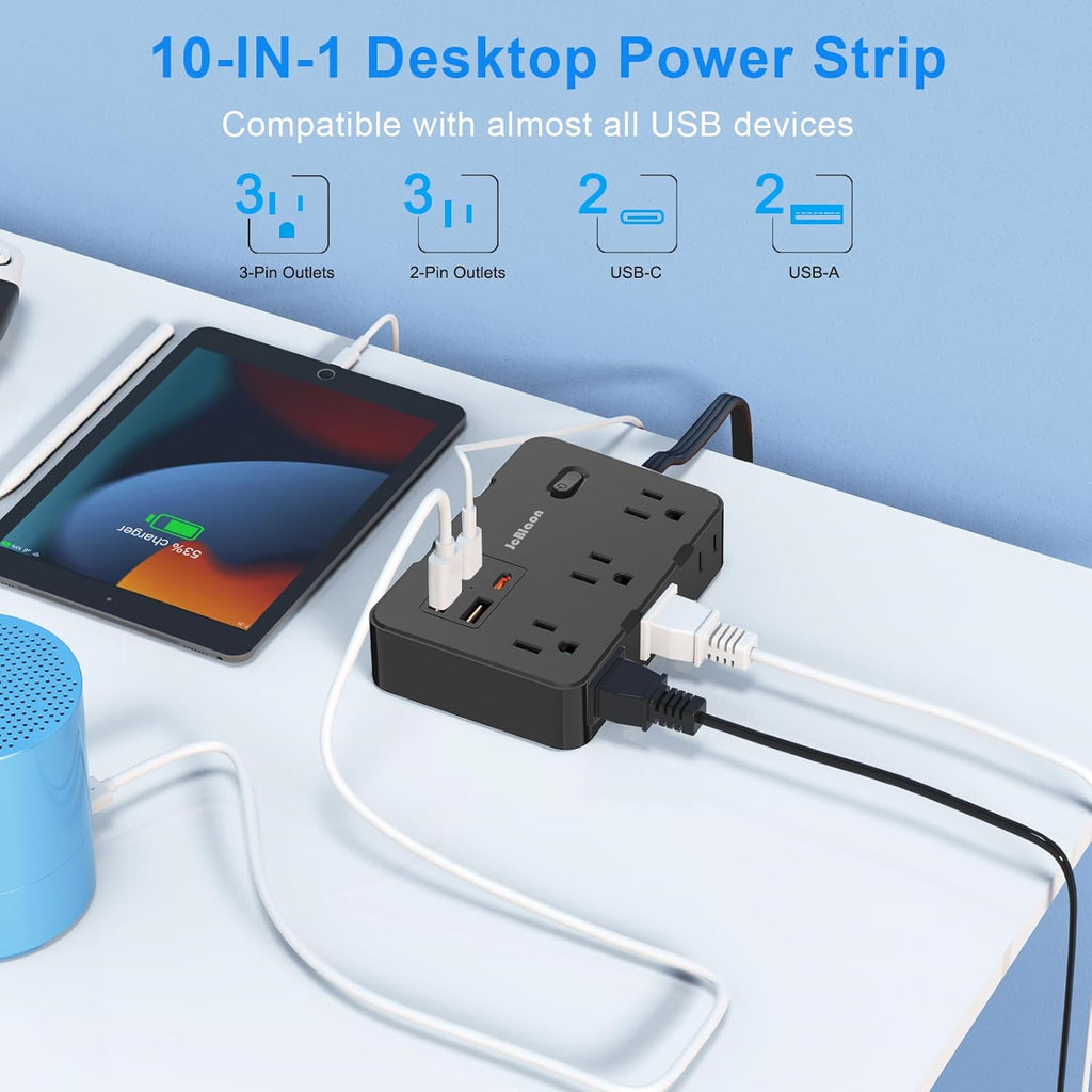 Flat Plug Power Strip Surge Protector, 5ft Ultra Thin Extension Cord with 4 USB Wall Charger(2 USB C Port), 6 Widely-Spaced Outlets Power Strip Compact for Travel, Office, Dorm Room Essentials (Black)