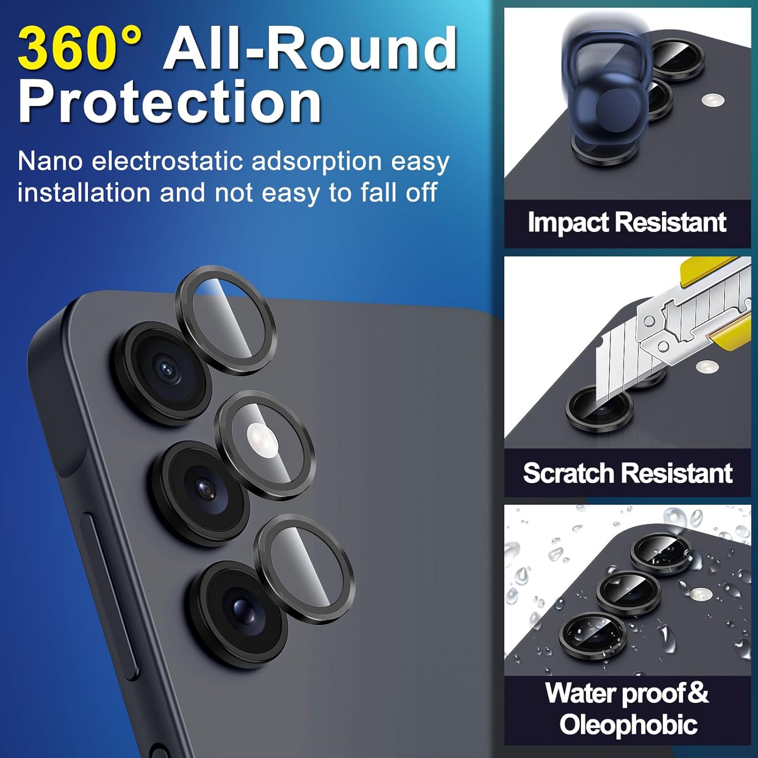 for Samsung Galaxy A16 Camera Lens Protector, Individual Metal Ring Tempered Glass Lens Cover, [Strong Adsorption] Scratch Resistant Ultra-Thin HD Clear Lens Cover, 1 Set-Black