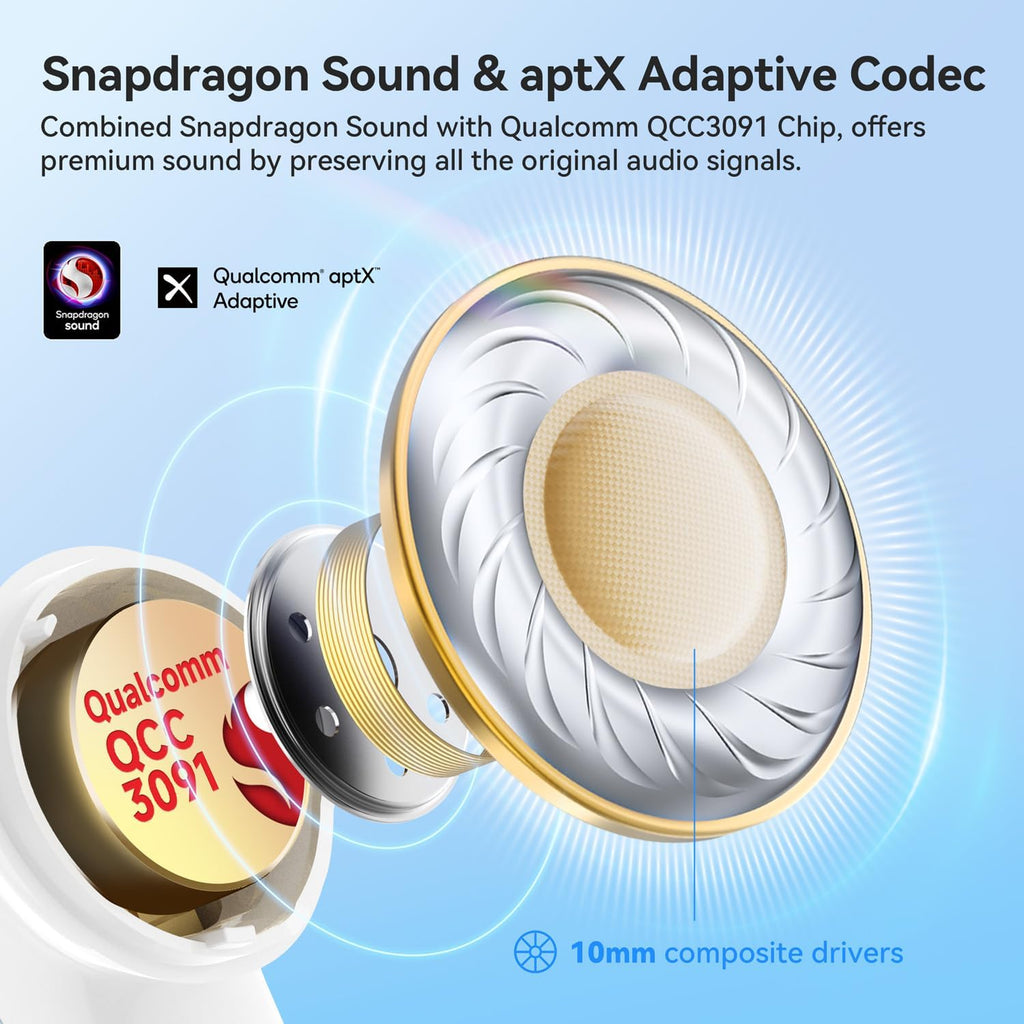 EarFun Air Pro 4 Adaptive Hybrid Noise Canceling Wireless Earbuds, Qualcomm Snapdragon Sound, aptX Lossless, 6 Mics AI CVC 8.0 Call, LDAC Hi-Res Audio, 52H Playtime, Bluetooth 5.4 (Glossy White)