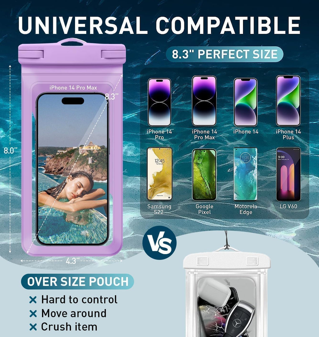 Universal Waterproof Phone Case, with Inside Card Holder, Large Dry Bag Compatible for iPhone 16 15 14 13 12 Pro Max XS Plus for Galaxy S22, IPX8 Beach Travel Essentials, 1 Pack-Purple-8.3″
