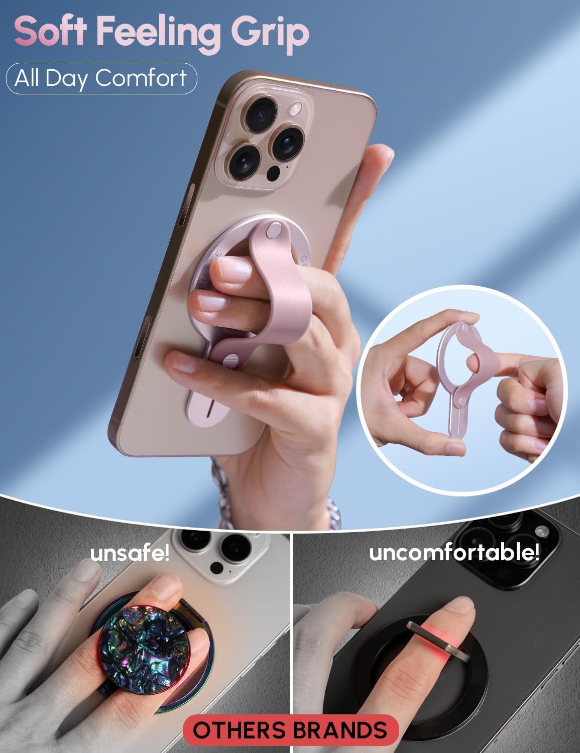 MagSafe Phone Grip for iPhone - Magnetic Phone Ring Holder Detachable for iPhone 16 - Comfortable Finger Phone Loop Grip for Apple 15/14/13/12,Pink