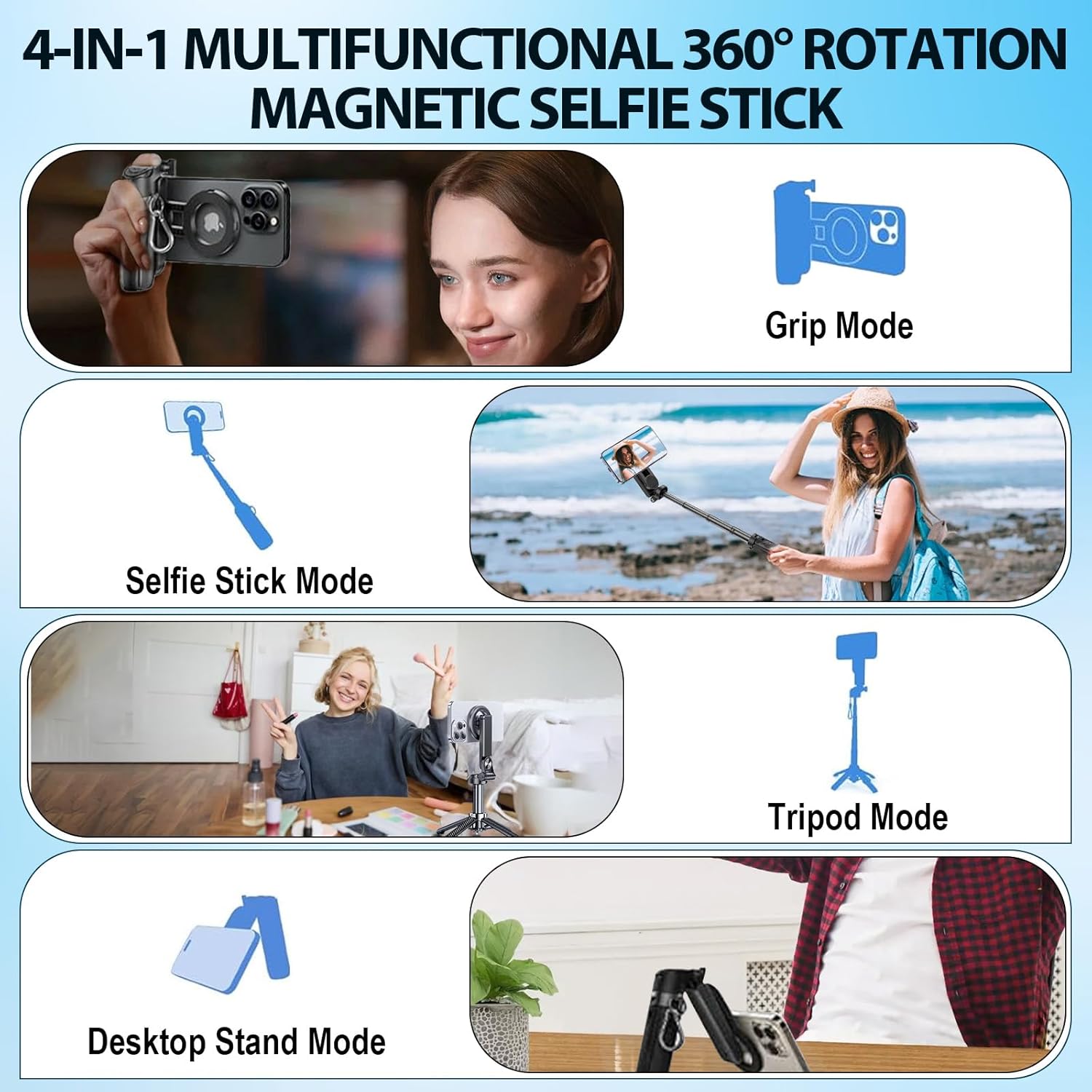 4-in-1 Multifunctional Magnetic Selfie Stick,Portable Pocket Size Selfie Stick for iPhone Magsafe,360° Rotation Phone Tripod with Wireless Remote for iPhone & Android