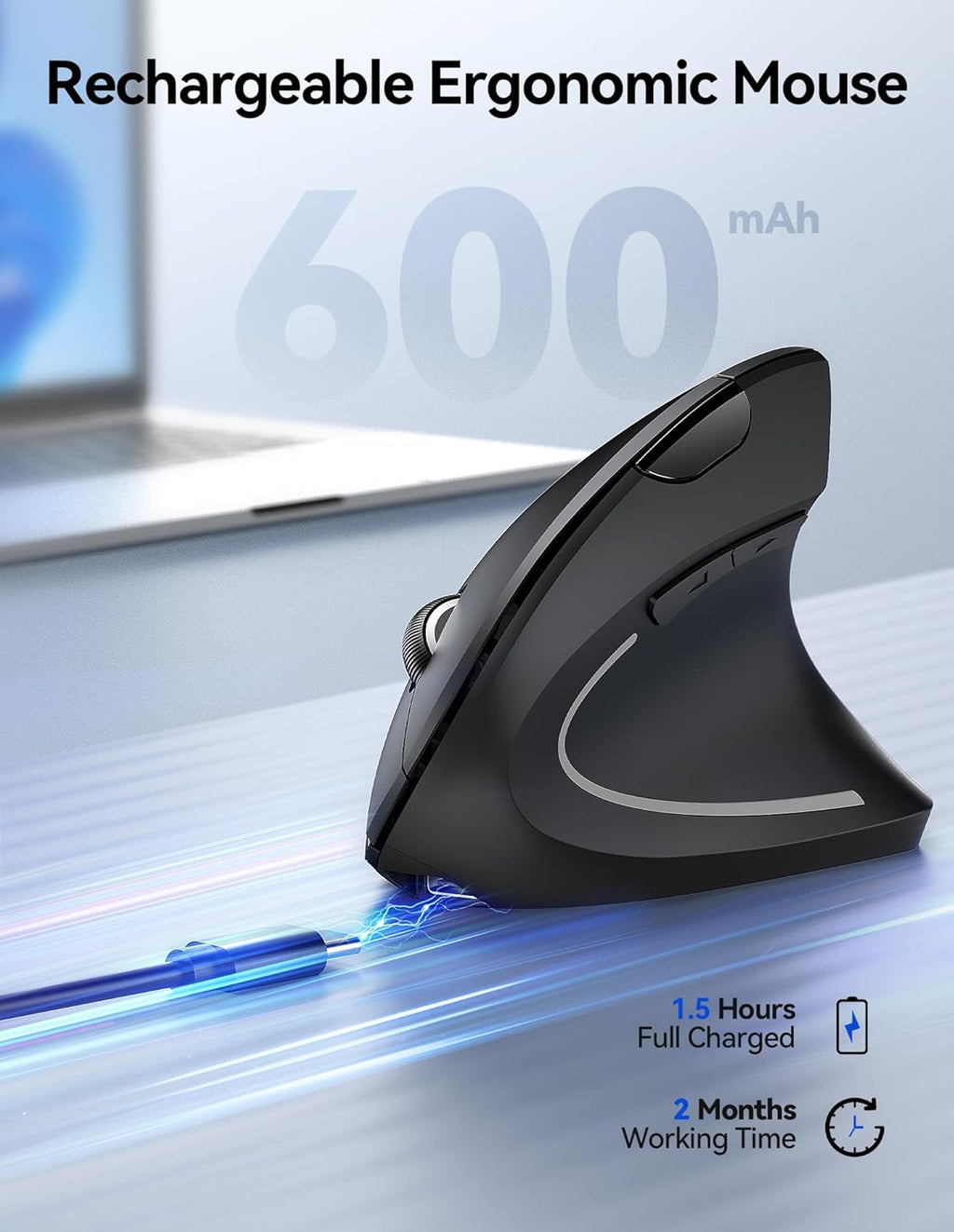 TECKNET Ergonomic Mouse Wireless, Rechargeable Mouse Wireless Silent for Carpal Tunnel Right Hand, 2.4GHz USB Vertical Mouse Wireless for Laptop, 5 Adjustable 4800 DPI, Computer, MacBook, Desktop