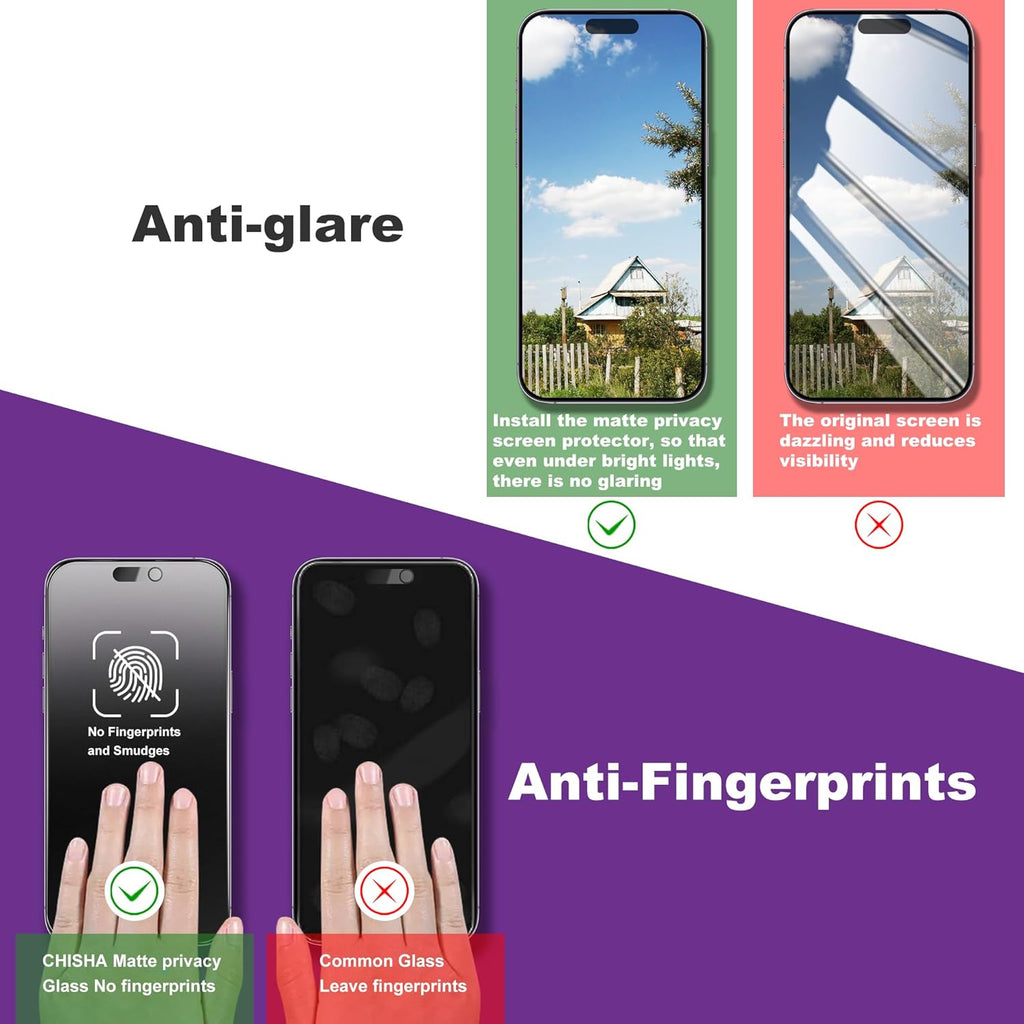 2 Pack Matte Privacy Screen Protector for iPhone 16 Pro, 9H Tempered Glass, Full Coverage, Anti-Fingerprint, Auto Dust-Elimination, No Bubble, Easy Installation