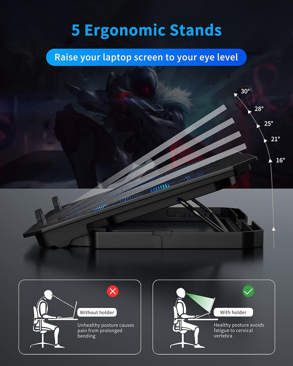 AICHESON Laptop Cooling Pad for 12-15.6 Inch, 6 Cooler Fans with Blue Lights, Laptop Cooling Stand with 2 USB Ports (Blue)