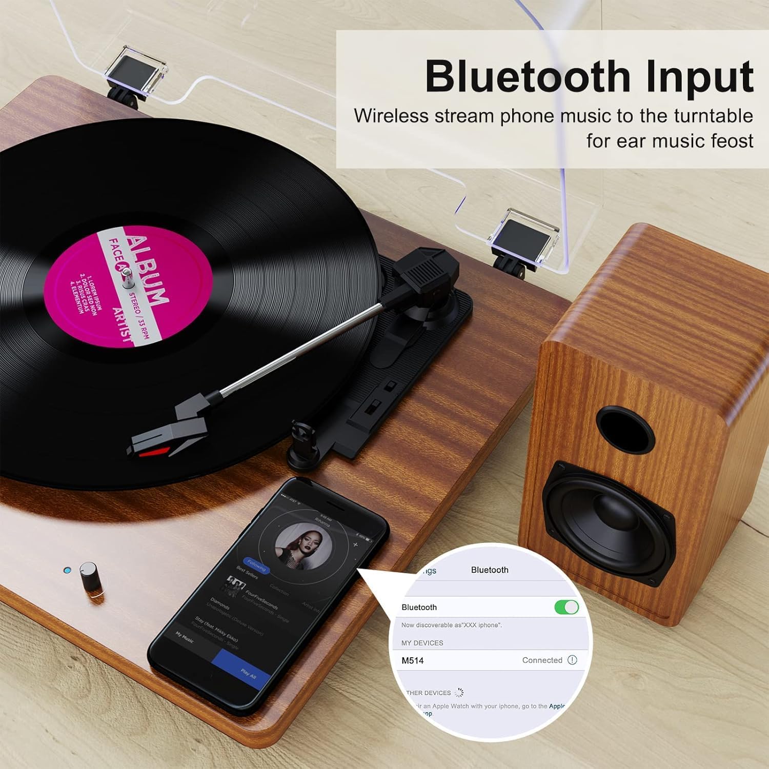 Record Player for Vinyl with 30W Speakers Upgraded，3-Speed (33/45/78 RPM) can Play 7/10/12-inch Vinyl Records, Support Bluetooth Connection, Record in MP3 Format