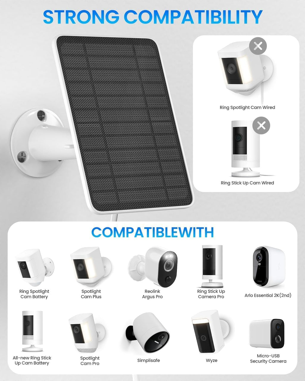 5W Solar Panel for Ring Camera, Solar Panel Charger Compatible with Ring Spotlight Plus/Pro Stick Up Outdoor Cam Battery, 10ft Cable with USB-C to Barrel Plug Adapter & Micro-USB Adapter, 2 Pack