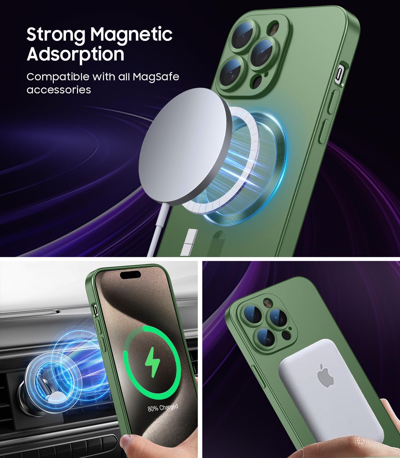 Magnetic for iPhone 15 Pro Max Case [Compatible with MagSafe][Built-in Camera Lens Protector] Slim Soft Silicone Bumper Shockproof Metallic Luster Phone Case (Green)