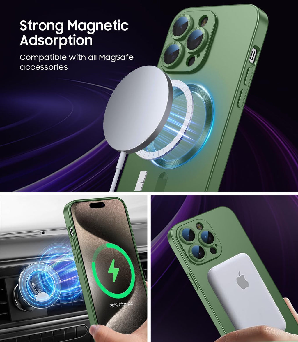Magnetic for iPhone 15 Pro Case [Compatible with MagSafe][Built-in Camera Lens Protector] Slim Soft Silicone Bumper Shockproof Metallic Shine Phone Case (Green)