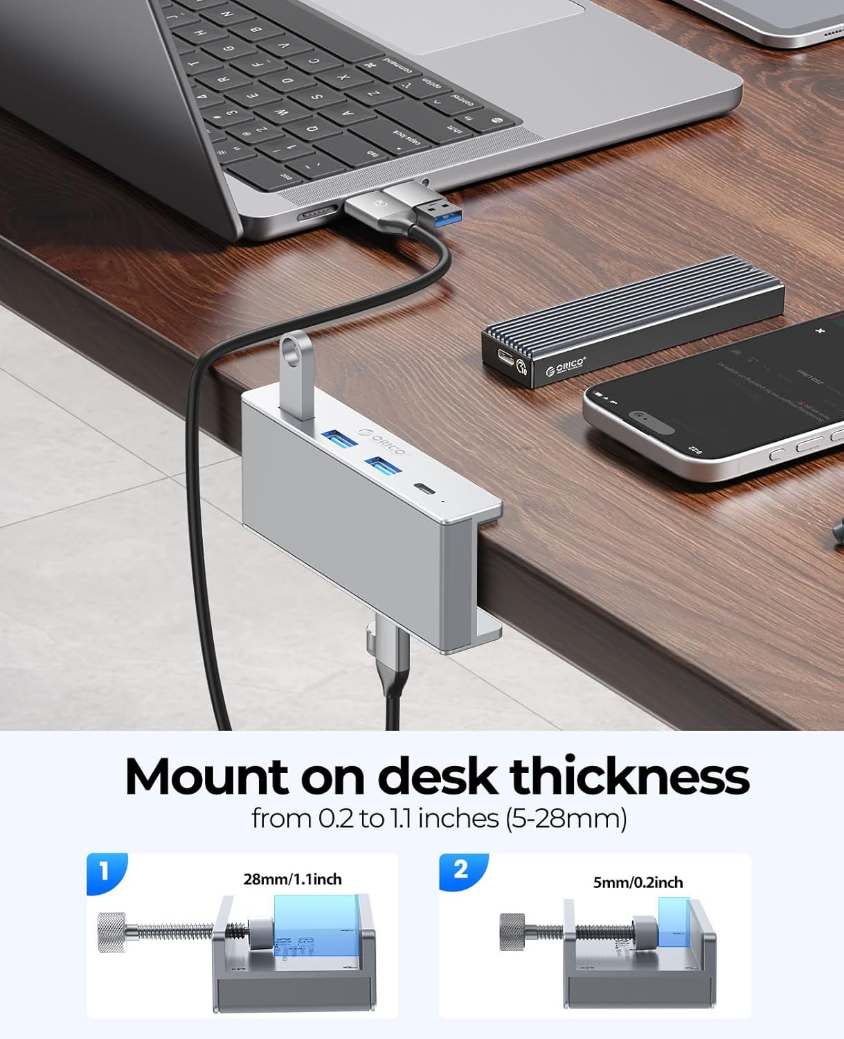 ORICO USB Hub 3.0, Clamp USB Hub with Extra Power Port, 3 USB-A Data Ports, USB-C Port for Monitors, Desks(Silver)
