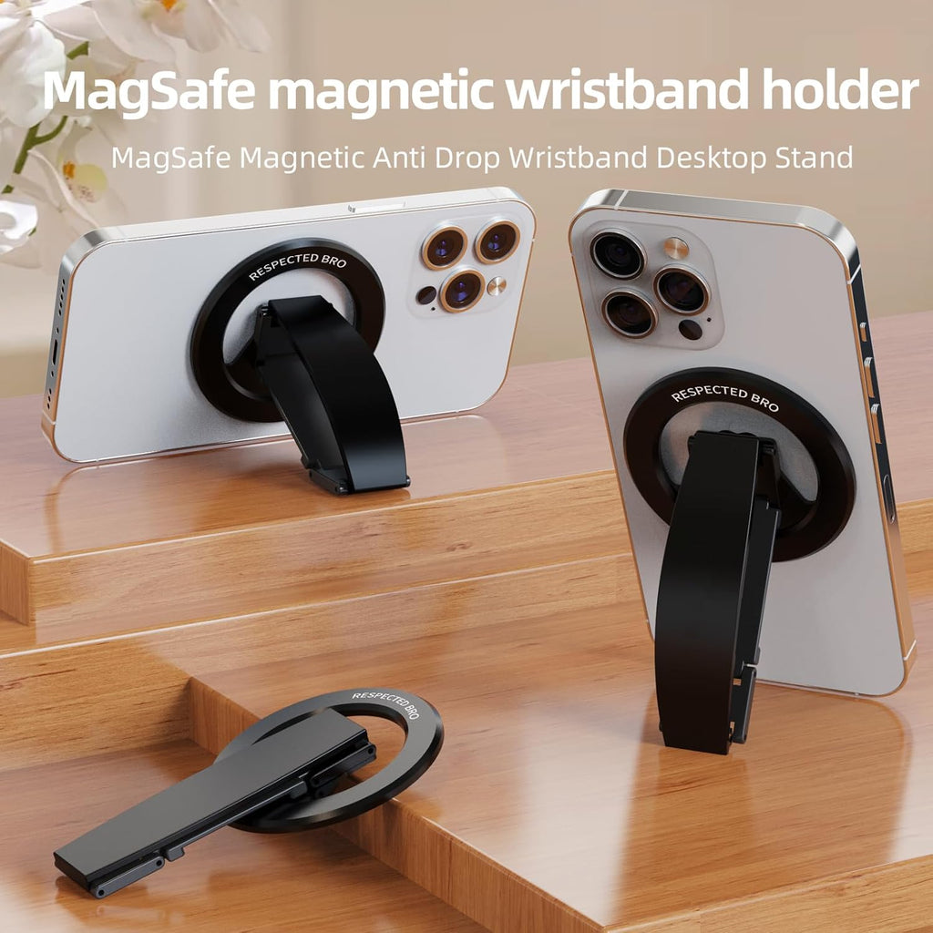 Magnetic-Phone-Grip-Stand, Magnetic Phone Ring Holder Kickstand with Silicone Finger Strap, Compatibility for iPhones, Androids, and More (Black)