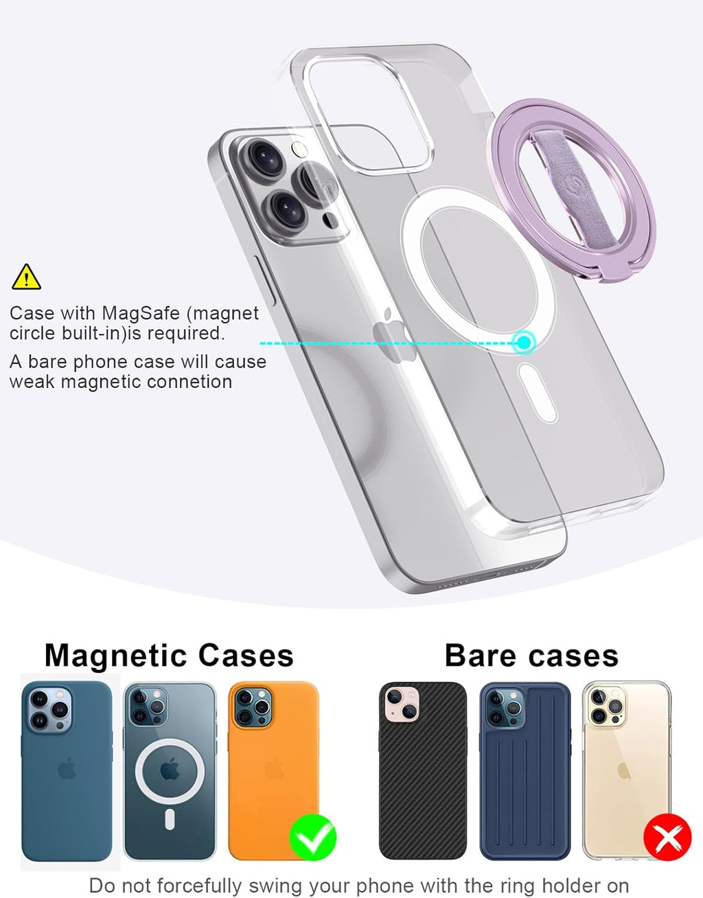 EWA MagOne 3rd Gen [Compatible with MagSafe] Phone Grip Stand with Finger Strap, Removable Magnetic Ring Holder Kickstand Loop for iPhone 16,15, 14, 13, 12 Series-(Purple)
