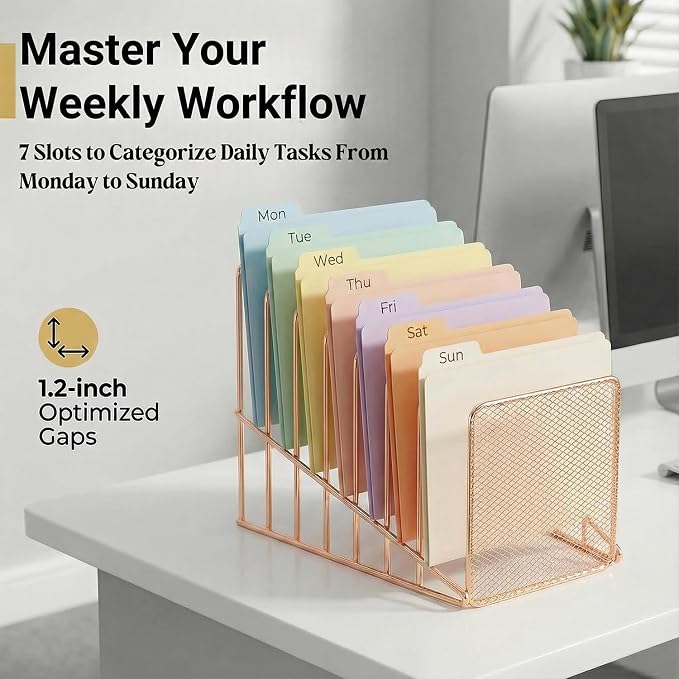 Rose Gold Desk Organizer 7 Slot Inclined Vertical File Folder Holder Sorter - Image 2