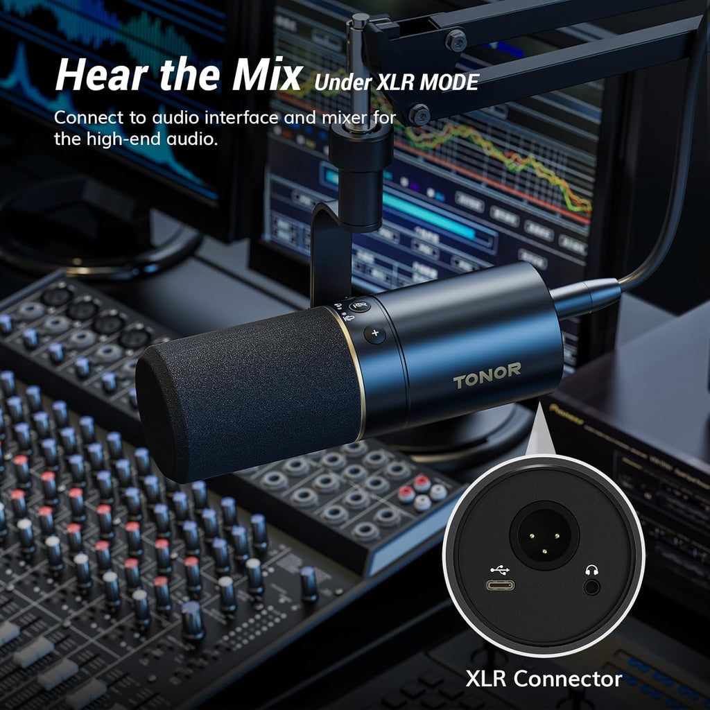 TONOR Dynamic Microphone, XLR/USB Microphone for Podcast, Recording, Streaming, Gaming, XLR Cardioid Studio Mic with Quick Mute, 3.5mm Headphone Jack, Volume Control, Mic with Boom Arm, White, TD510+
