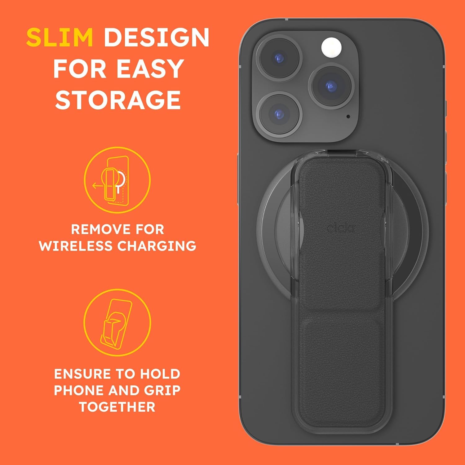 CLCKR for MagSafe Phone Grip for MagSafe Kickstand Compatible with Mag Safe Finger Loop, 3-in1 Phone Ring Holder Strap for Mag Safe iPhone 16/15/14/13/12 Series, Galaxy S25/S24/S23/S22, Pixel - Black
