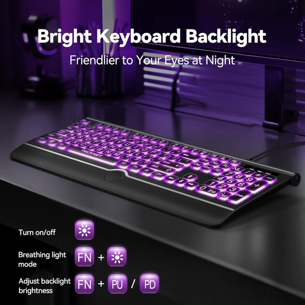 TECKNET Large Print Backlit Keyboard, Wired USB-A Computer Keyboard with Wrist Rest, 7-Color Backlit, Oversized Letter Keys Easy to See, Plug-and-Play, Silent, Foldable Stands for Windows/PC/Laptop