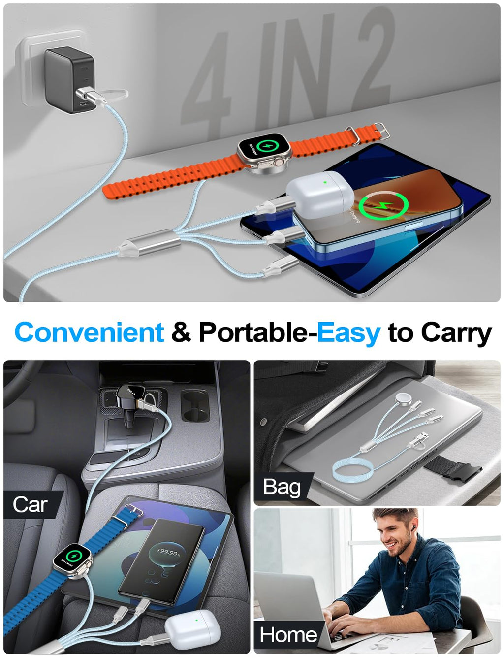 2 Pack Charging Cable for Apple Watch Charger/Samsung/iPhone Charger,Car/Office/Camping/Travel Essentials,Type C Cable Cord for iWatch Ultra/10-2/iPhone 16-11/Samsung S25-S20,iPad,airPods-Blue