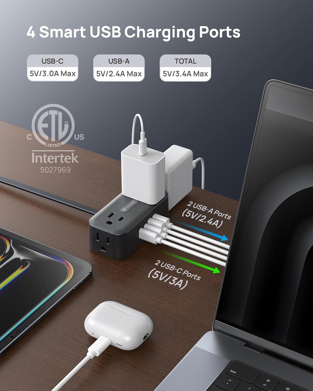 TROND 360° Rotating Flat Plug Power Strip, 10FT Extension Cord with 4 USB Ports, 4 Wide Spaced AC Outlets, Wall Mount, 900J Surge Protector for Office Travel Dorm Room Essentials, Black