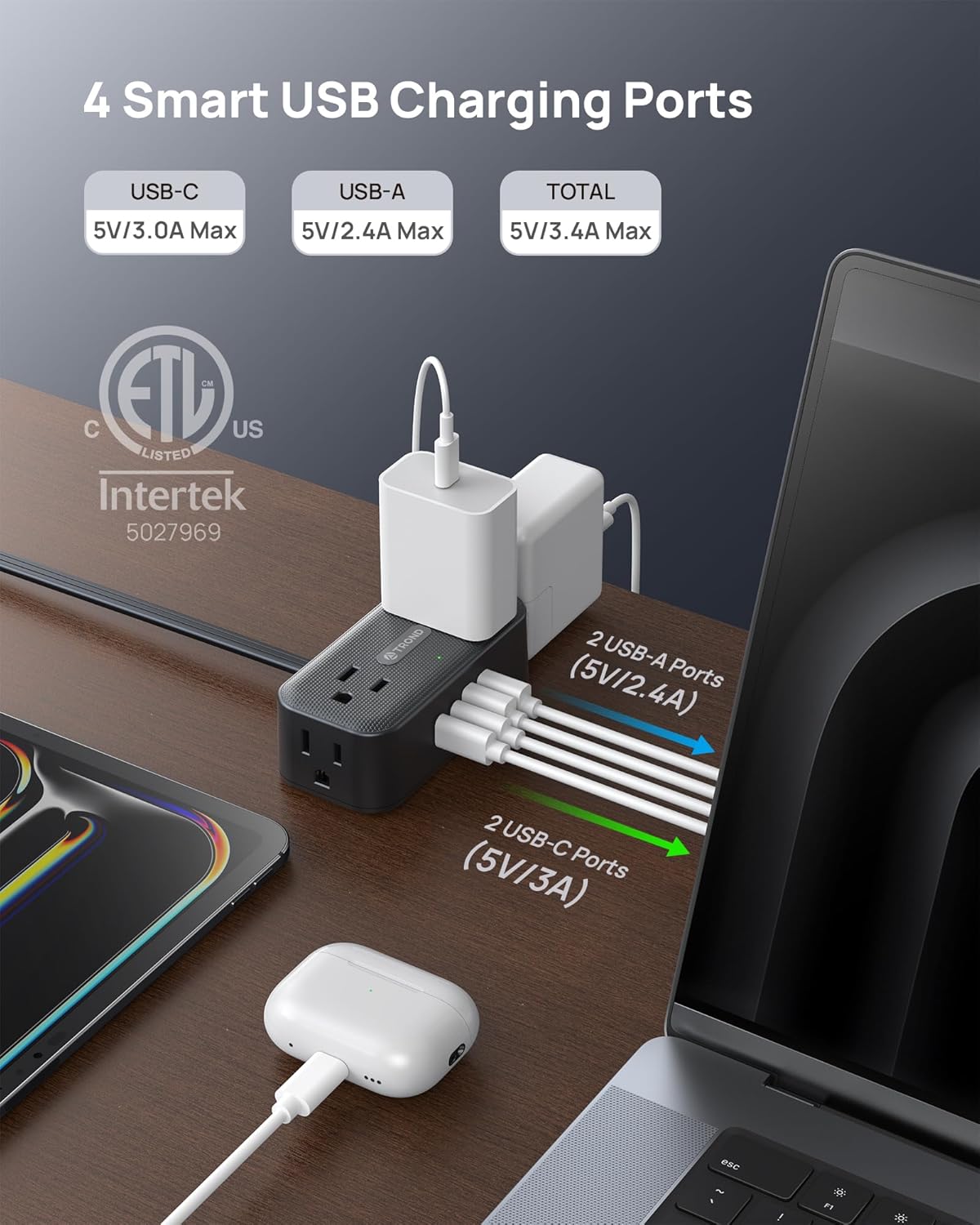 TROND 360° Rotating Flat Plug Power Strip, 3FT Extension Cord with 4 USB Ports, 4 Wide Spaced AC Outlets, Wall Mount, 900J Surge Protector for Office Travel Dorm Room Essentials, Black