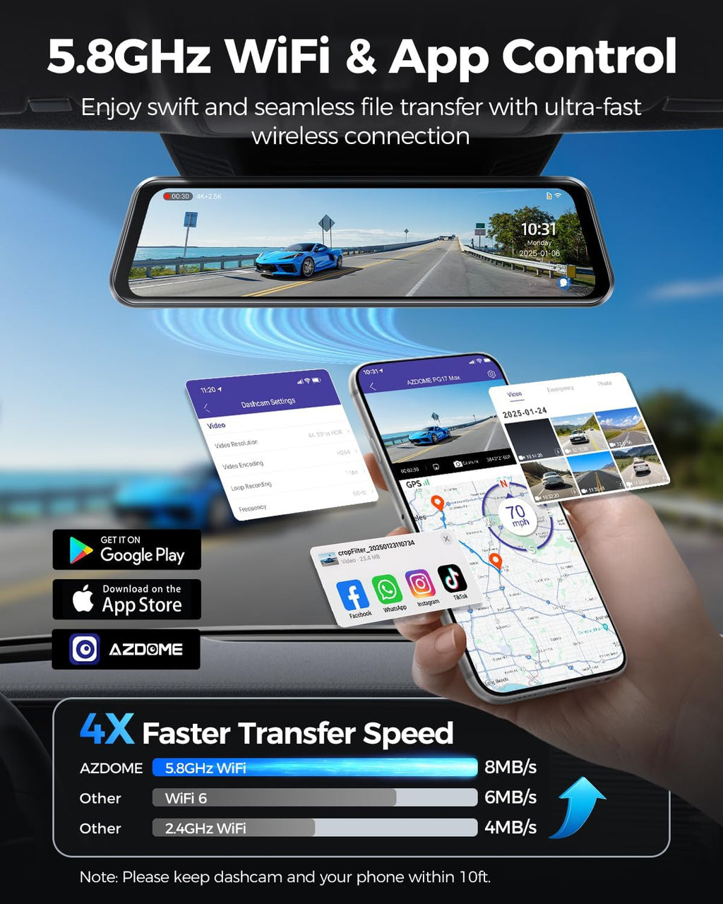 AZDOME PG17 Max 4K+2.5K Mirror Dash Cam with ADAS, BSD and LCA, 12" Rear View Mirror Camera with 5GHz WiFi and Voice Control, Rearview Mirror Backup Camera Includes 64GB Card, GPS, Parking Monitor