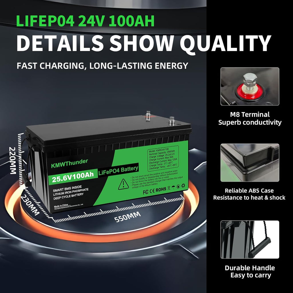 12V 100Ah LiFePO4 Lithium Battery, Built-in Smart BMS, Low Temperature Protection Group 24 Deep Cycle Battery for Trolling Motor, RV, Solar, Marine, Camping and Off Grid Applications 2 Pack