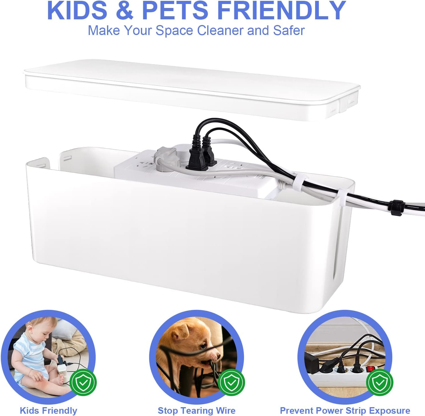 Cable Organizer Box Set of Three, Power Cover Cord Holder Surge Protector for Desk (White)