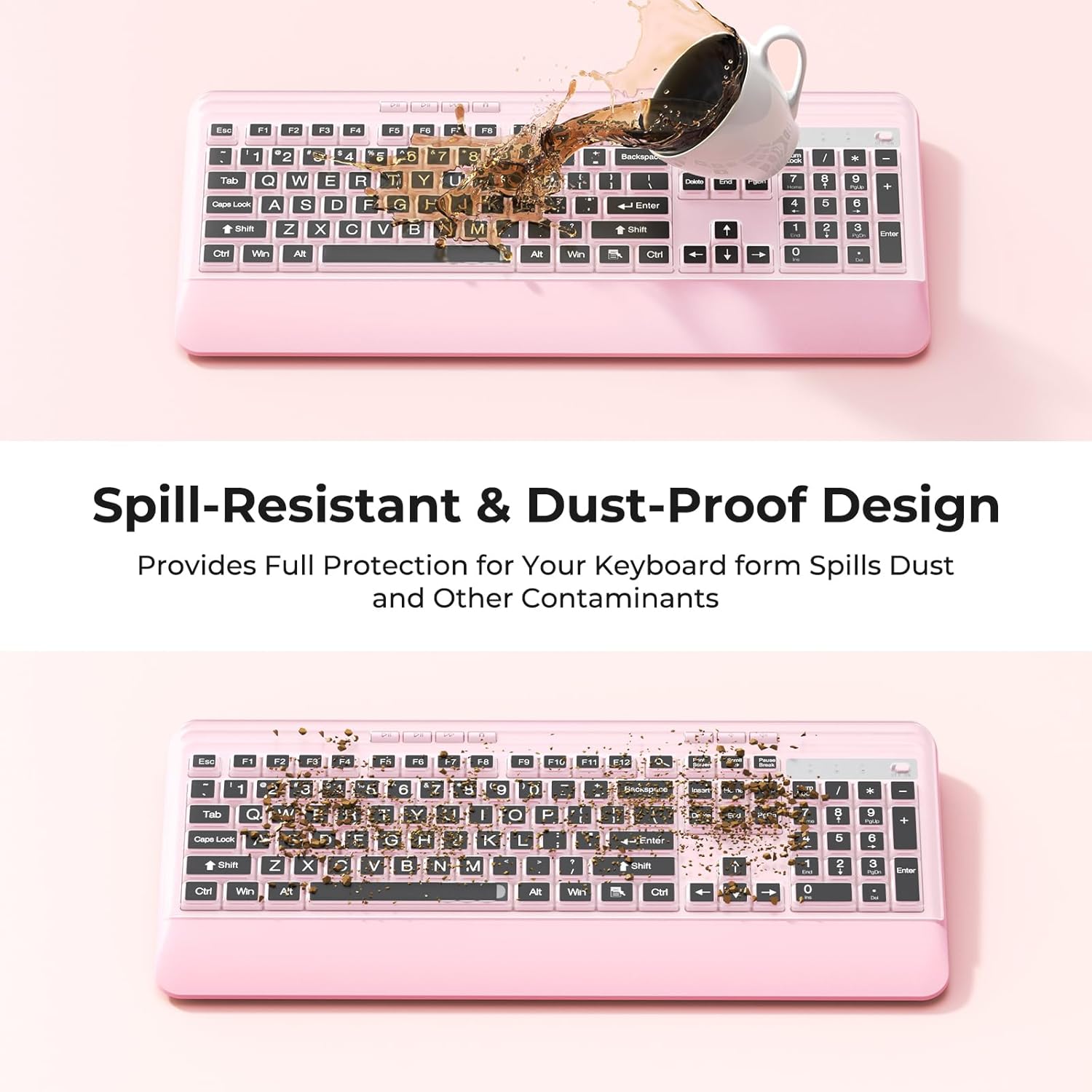 Wireless Keyboard and Mouse Set with Quiet Keys, 2.4G Full Size Ergonomic Keyboard with Wrist Rest, Protective Covers, Soft Touch Silent Design for Windows, Computer, PC and Laptop
