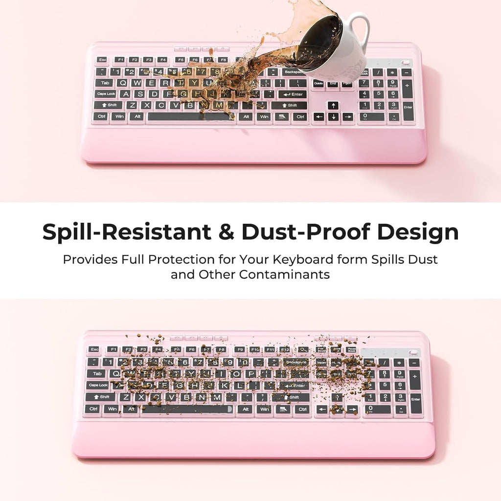 Silent Wireless Keyboard and Mouse Combo - Keyboard with Large Print Cover, 2.4GHz Full-Sized Ergonomic Keyboard with Wrist Rest and Mouse for Laptop, PC, Notebook, Desktop