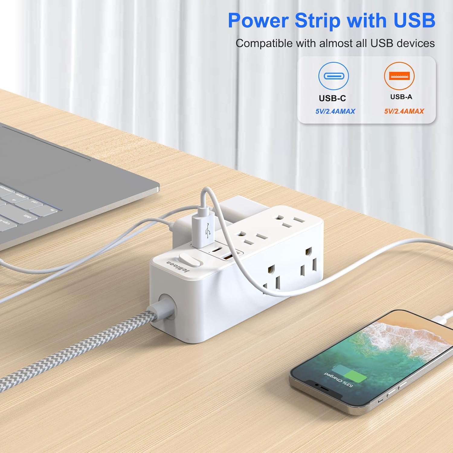 Power Strip Surge Protector, 5Ft Flat Plug Extension Cord with Multiple Outlets, 6 Outlets with 3 USB Ports(1 USB C), 3-Side Outlet Extender, Wall Mount, Compact for Travel, Home, College Dorm Room