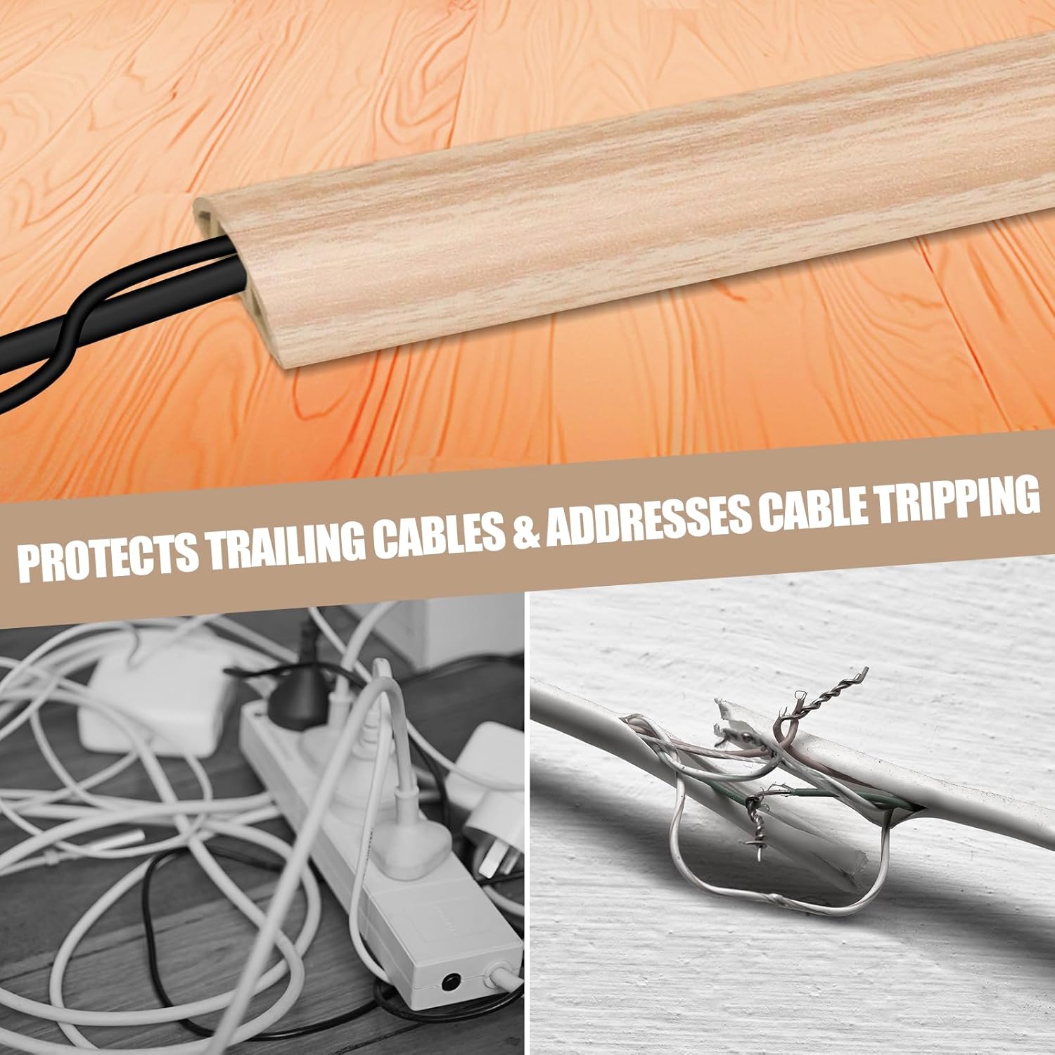 Floor Cord Cover Cavity 0.8"x0.37" Self Adhesive Cord Hider, 10FT Low Profile Cable Management, Extension Strip Protector for Wires, Prevent Cable Trips for Offices, Gyms,(Wood Light Yellow)