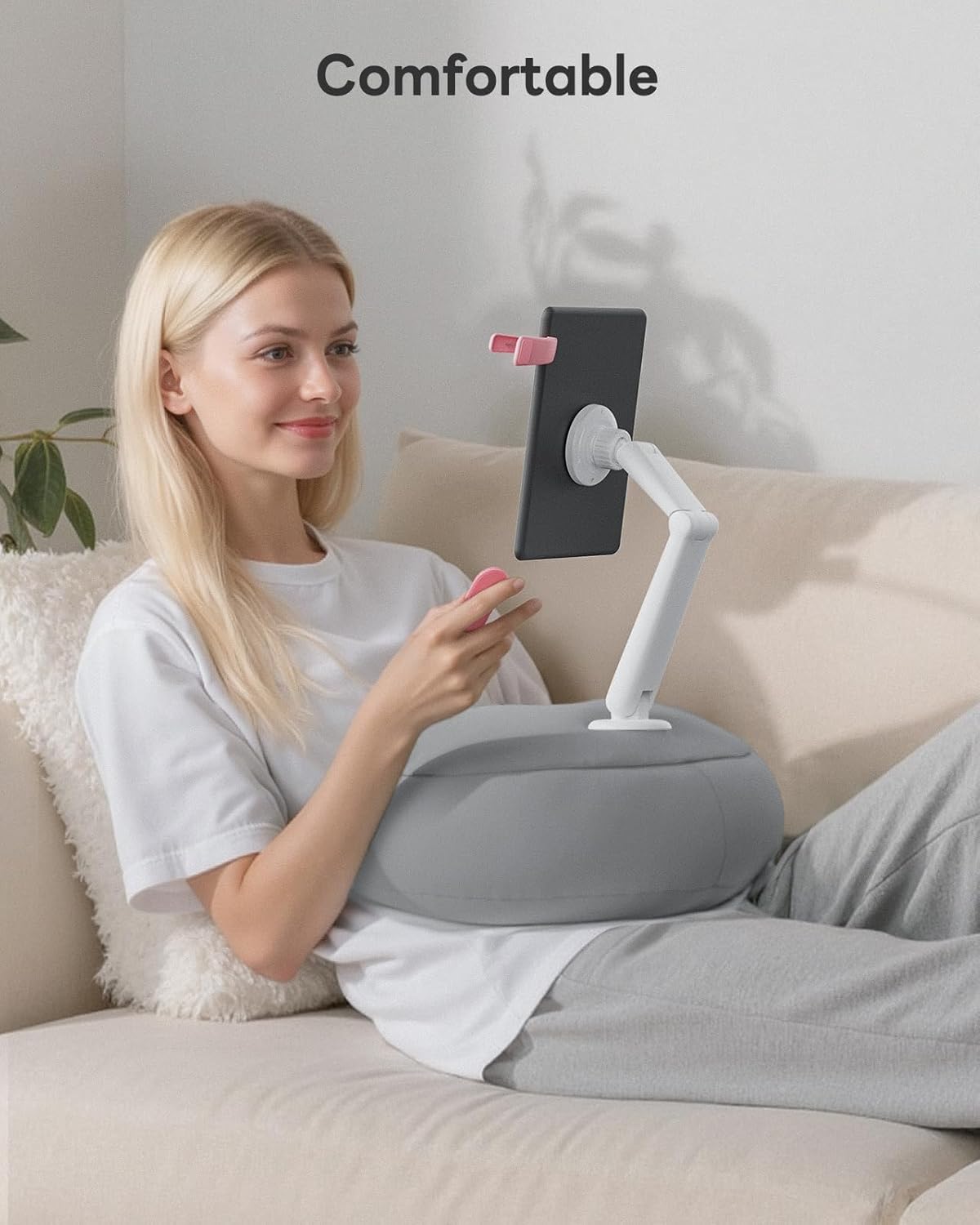 SAIJI Kindle Pillow Stand - Magnetic iPad Stand Compatible with Kindle, Tablet, iPad, iPhone, 360° Tablet Holder for Bed with Ergonomic Pillow and Dual-Jointed Arm, 2 Free Magnetic Sheets (Gray)