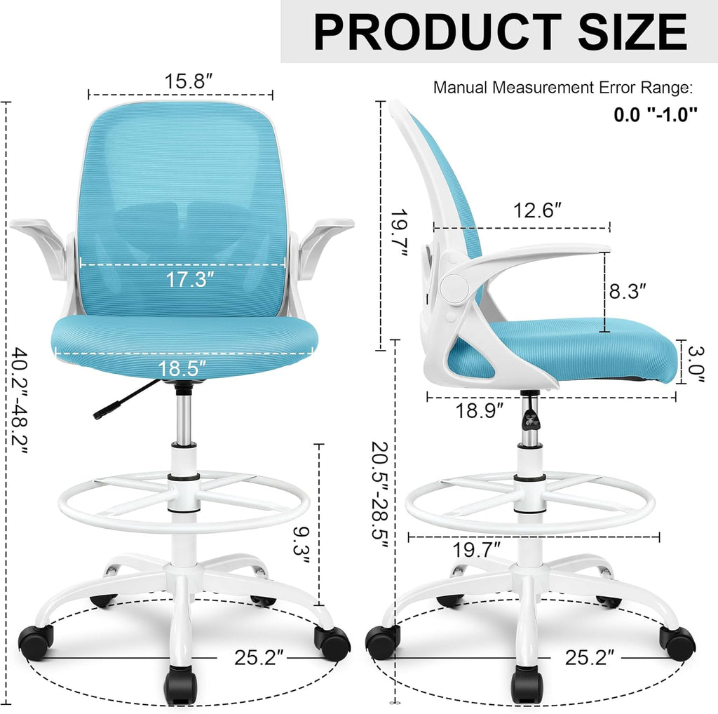 Primy Drafting Chair Tall Office Chair with Flip-up Armrests Executive Ergonomic Computer Standing Desk Chair with Lumbar Support and Adjustable Footrest Ring（Blue）