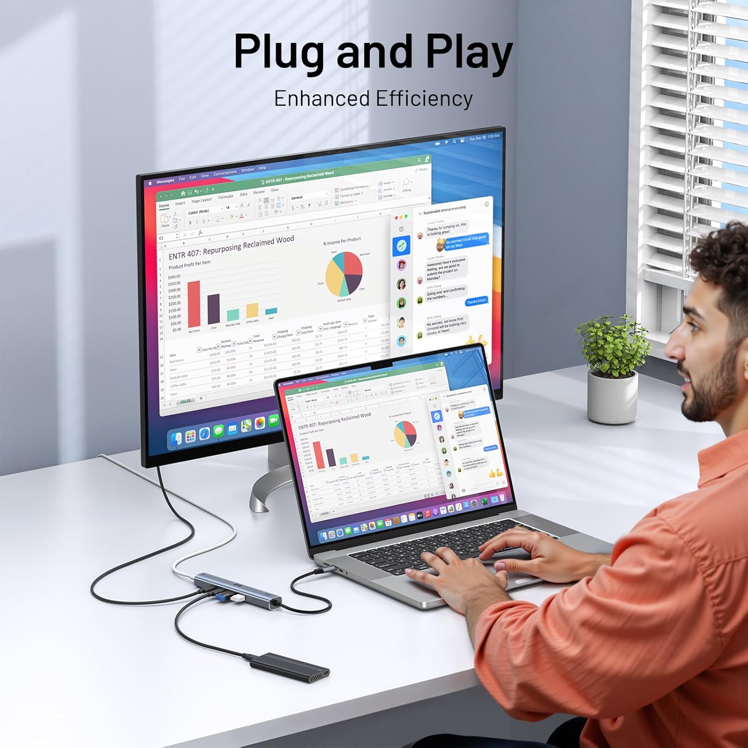 10Gbps USB C Hub with 4K@60Hz Video Display, Selore 5 Ports USB C Splitter, C Port Data Transfer, 100W PD-in Charging, Dongle Multiport Adapter for MacBook Pro, iPad, Dell, HP, and More
