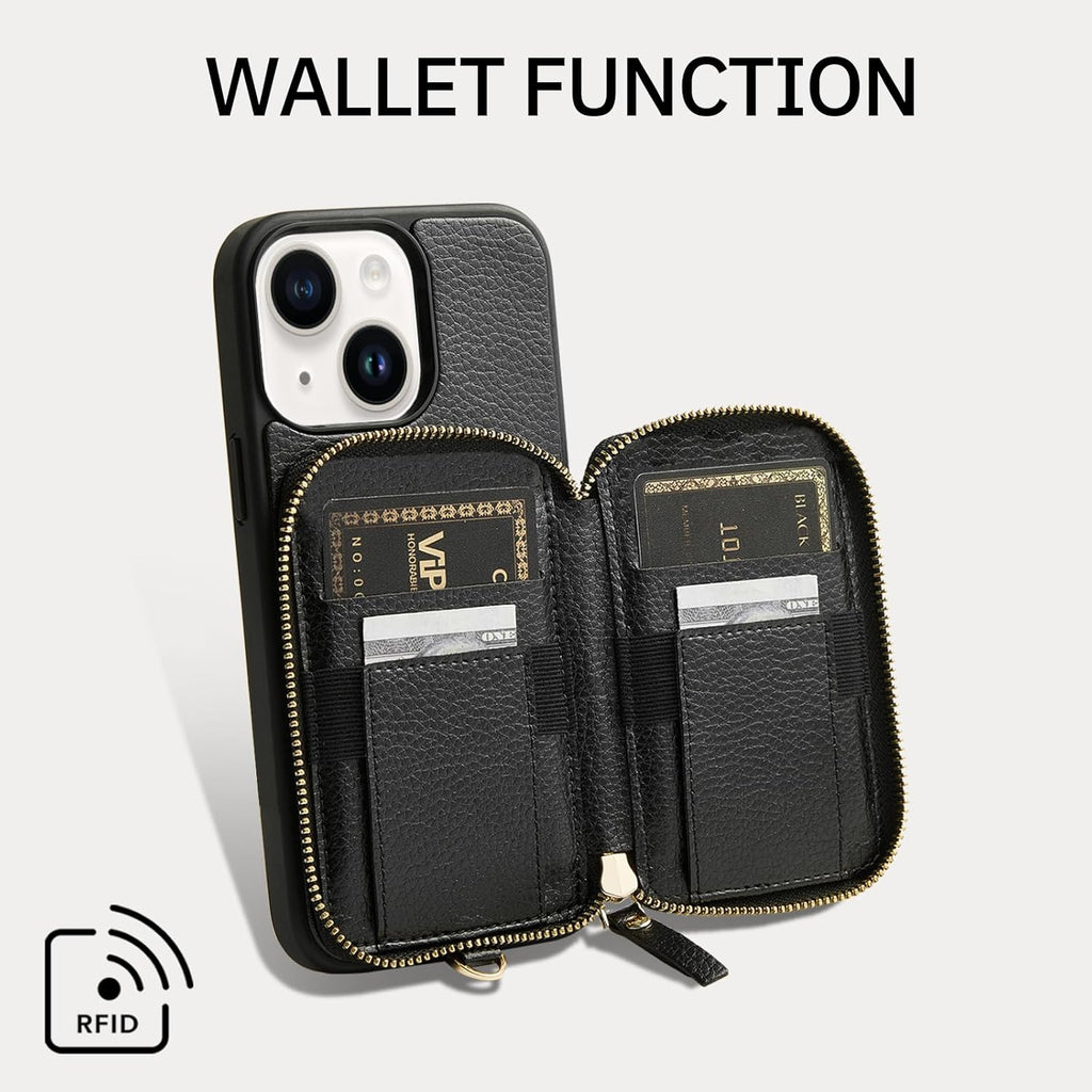 ZVE Wallet Case for iPhone 15, Phone Case Wallet with Card Holder Wrist Strap Compatible iPhone 15, RFID Blocking Zipper Faux Leather Cover for Women Gift for iPhone 15, 6.1"(2023) - Black