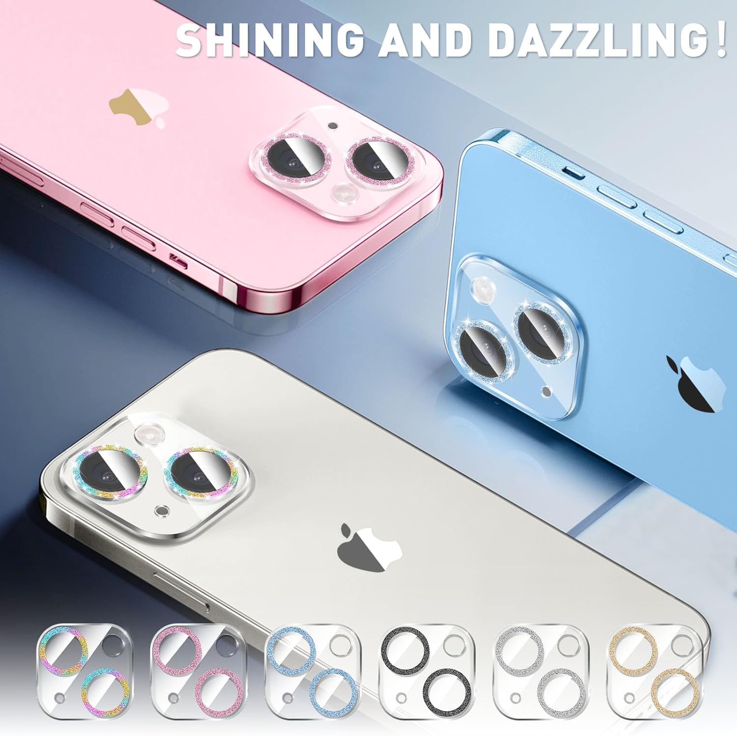 LucBuy 3PCS Sparkling Camera Lens Protector for iPhone 16/iPhone 16 Plus, Full Clear Acrylic Cover with Shiny Colorful Glitter Designed Decoration Back Camera Protector