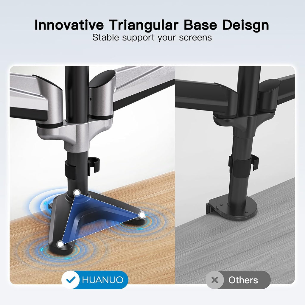 HUANUO Triple Monitor Stand - Full Motion Articulating Monitor Mount Fit Three 17 to 32 inch Flat/Curved LCD Computer Screens with Clamp, Grommet Kit, Silver