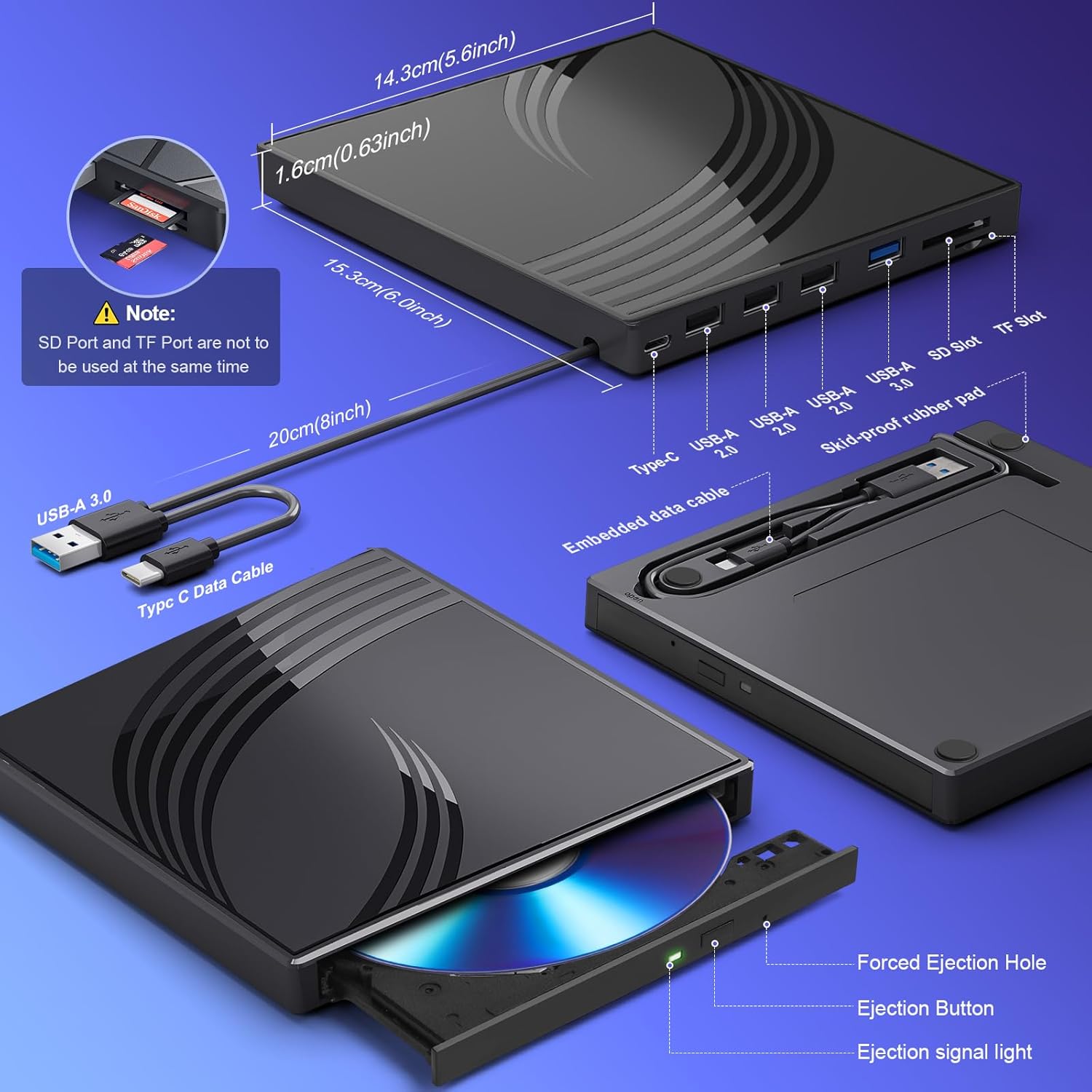 External CD/DVD Drive for Laptop, Ultra Slim CD Burner USB 3.0 Hub with 4 USB Ports, 2 TF/SD Card Slots,1 Type-C Port,DVD Player for Laptop Compatible with mac OS/Windows/Linux (Black)