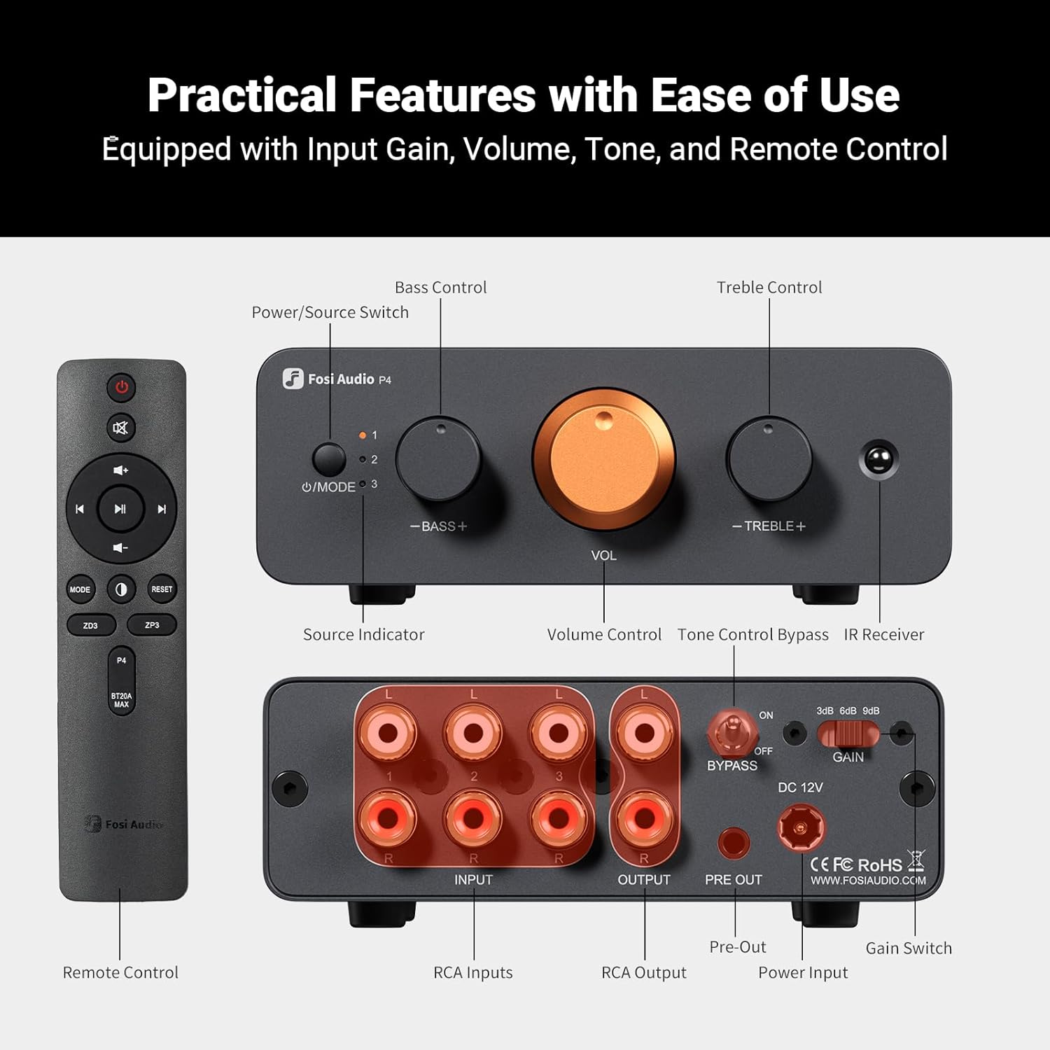Fosi Audio P4 Mini Preamp with 3 RCA Inputs, Home Audio Stereo Pre amp for Amplifier/Active Subwoofer/Speakers, Preamplifier with 3-Level Adjustable Gain 3/6/9 dB, Bass and Treble Control