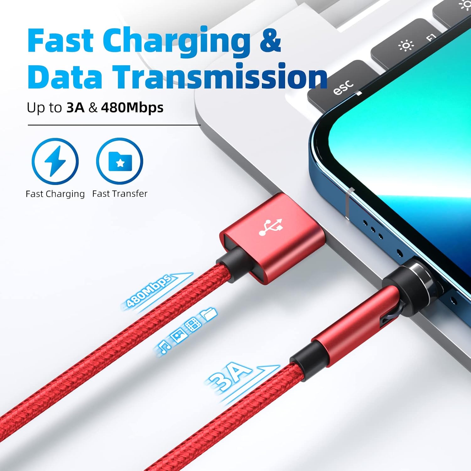 540 Rotation Magnetic Charging Cable, 3 in 1 Phone Charger [4-Pack, 3ft/3ft/6ft/10ft] 3A Fast Charging & Data Transfer Cable for i-P/Micro USB/Type C Device - Red