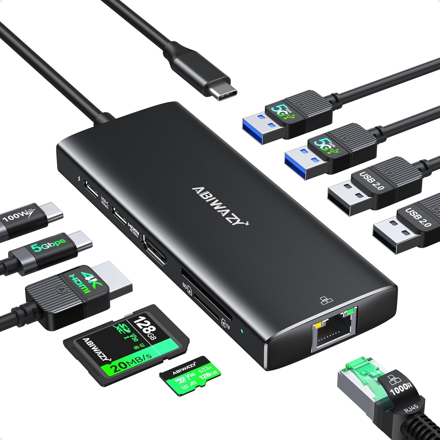 ABIWAZY USB C Hub Multiport Adapter, 10 in 1 USBC to Ethernet Adapter with 4K HDMI, Ethernet Gigabit, 100W PD, USB-C Data Port and SD/TF Slot for MacBook Pro/Air, Dell XPS, iPad Pro, Galaxy (Black)