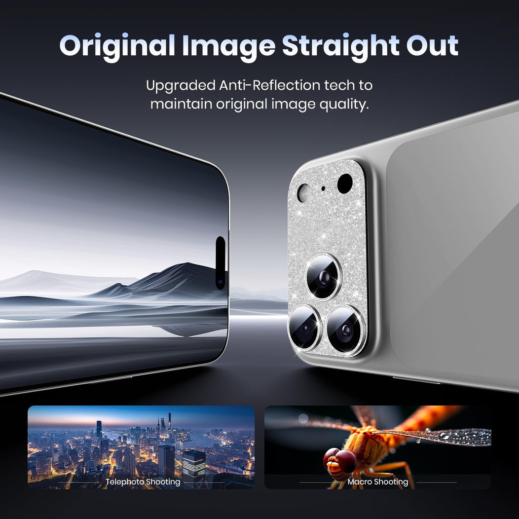 Hoerrye for iPhone 17 Pro Max Camera Lens Protector - [12FT Shatterproof Military Grade] [Strong Adsorption] Metal 9H+ Tempered Glass Camera Screen Full Cover Case Friendly,Glitter Silver