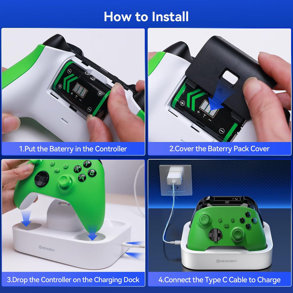 NEWDERY Controller Charger Station for Xbox, 2x5280mWh Rechargeable Battery Packs for Xbox One/Series X|S Controller, Dual Charging Dock for Xbox Controller with 4 Battery Covers-White