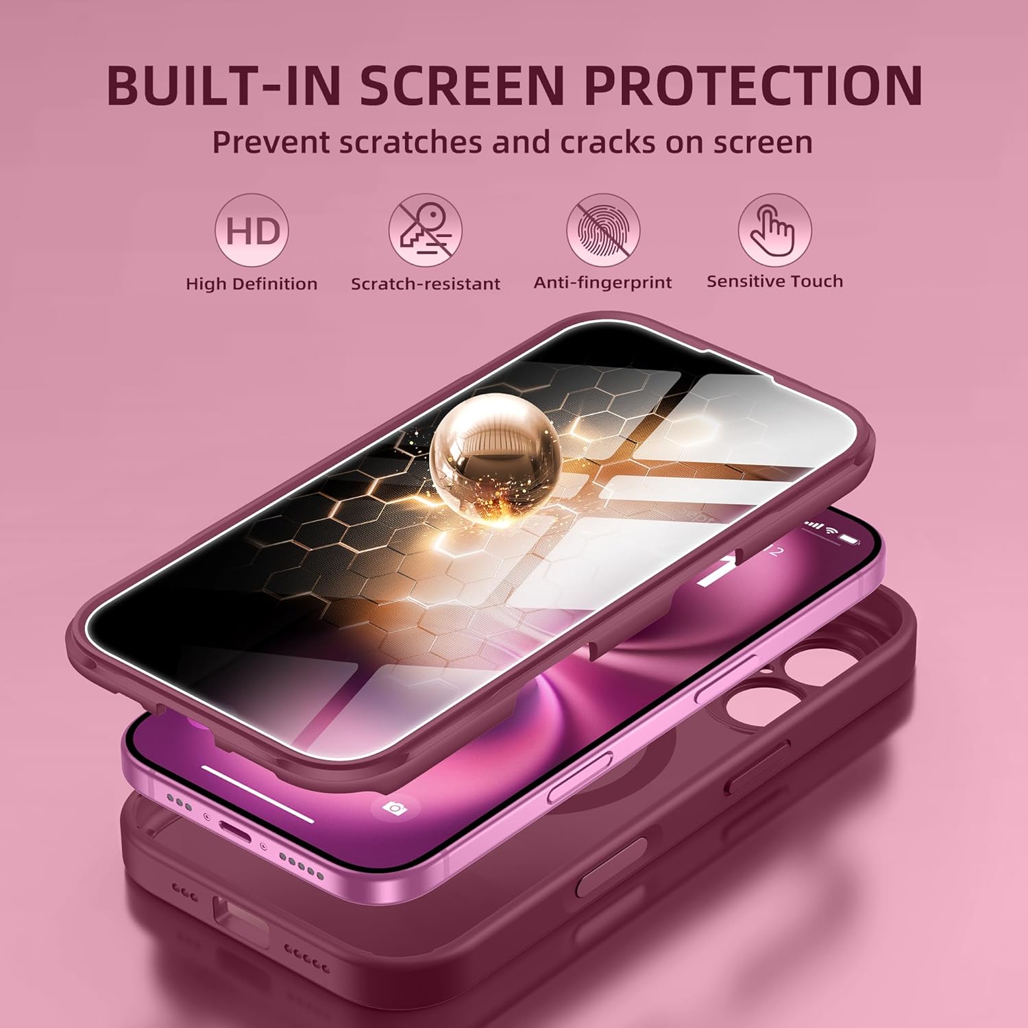 BERFY Magnetic for iPhone 16 Plus Case, Compatible with MagSafe, Built-in Privacy Screen Protector and Upgraded Camera Protection, Anti-Spy Full Body Shockproof Phone Case for 16 Plus 6.7", Dark Red