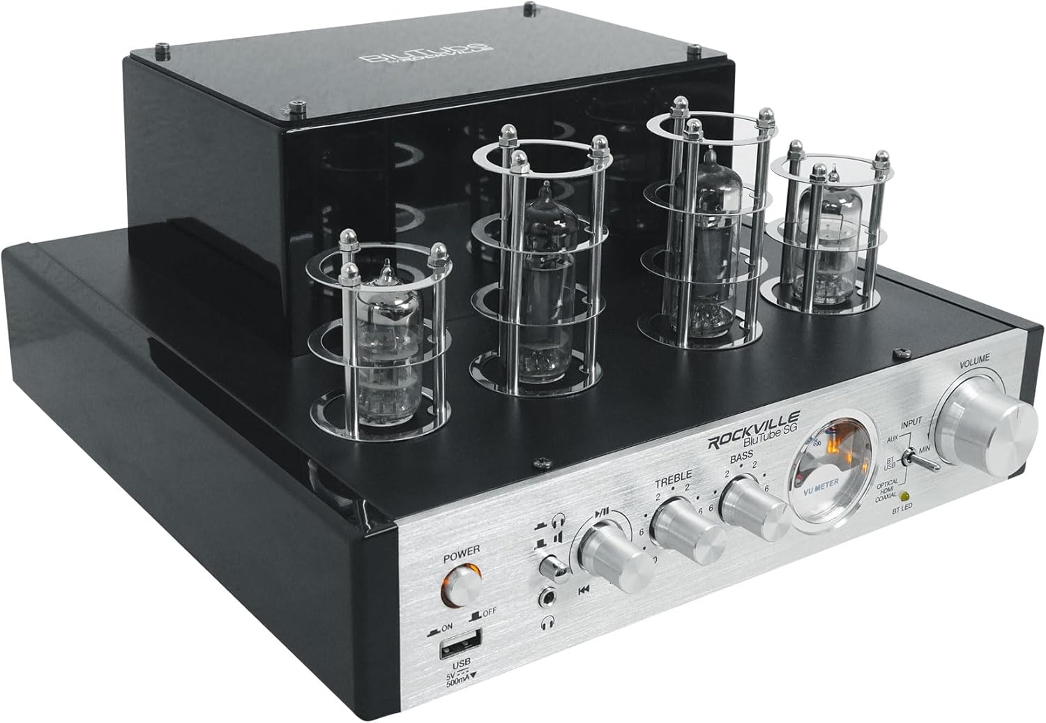 Rockville BluTube SG 70W Home Theater Tube Amplifier Stereo Receiver, Bluetooth, USB/RCA/Optical/Coaxial Inputs, 35W x 2 RMS @ 4 Ohm, for Music and Movies